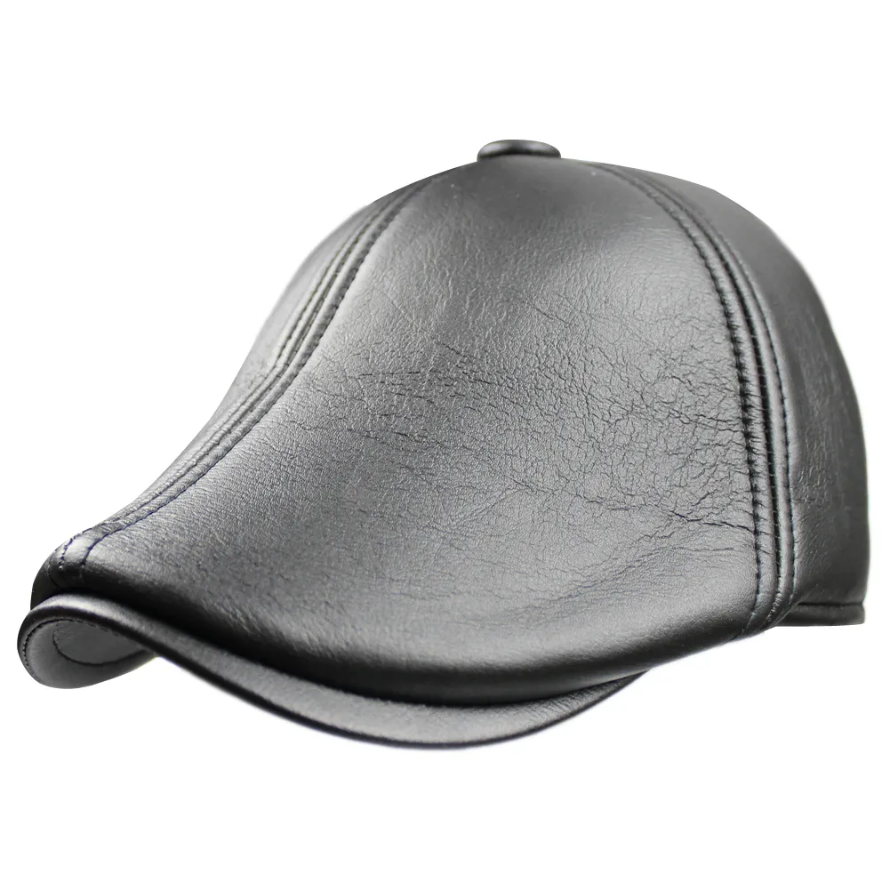 Mens Winter PU Leather Arc-shaped Fleeced Outdoor Sports Baseball Caps Top Hat with Fold Earmuffs Earflaps Ear Warmers for Gentelmen