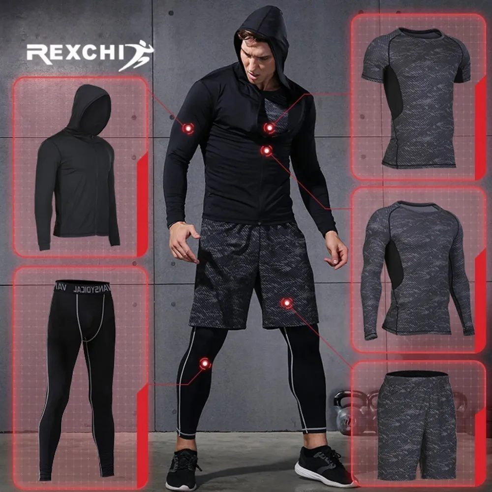 REXCHI 5 stks/set mannen Trainingspak Sport Pak Gym Fitness Compressie Kleding Running Jogging Sport Wear Oefening Workout Panty T200327