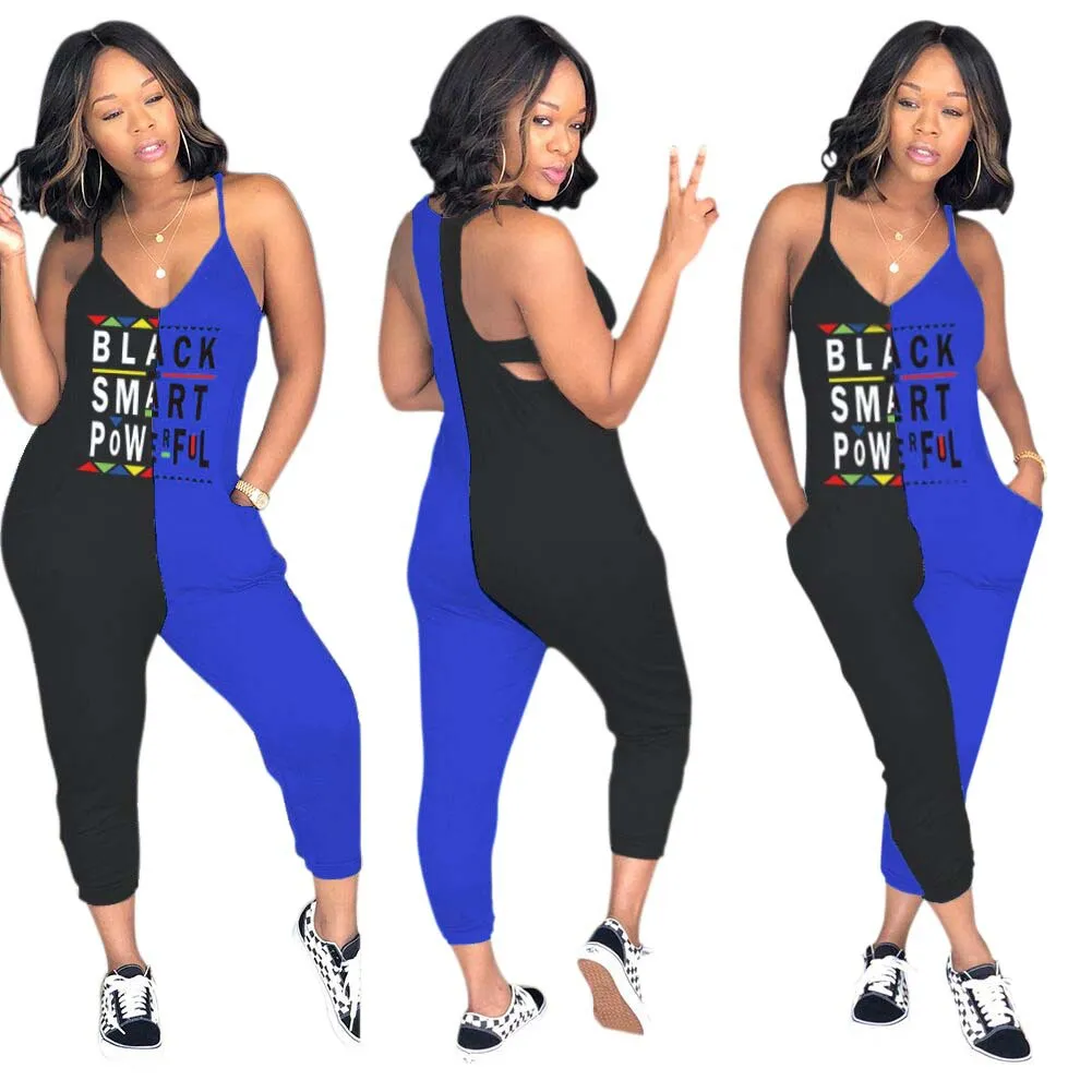 Kvinnor ärmlöst Slim Letter Jumpsuit V-Neck Pocket Balck Smart Pants Club Sexig Patchwork PlaySuit Party Ladies Rompers Outfit 10st LJJA2290