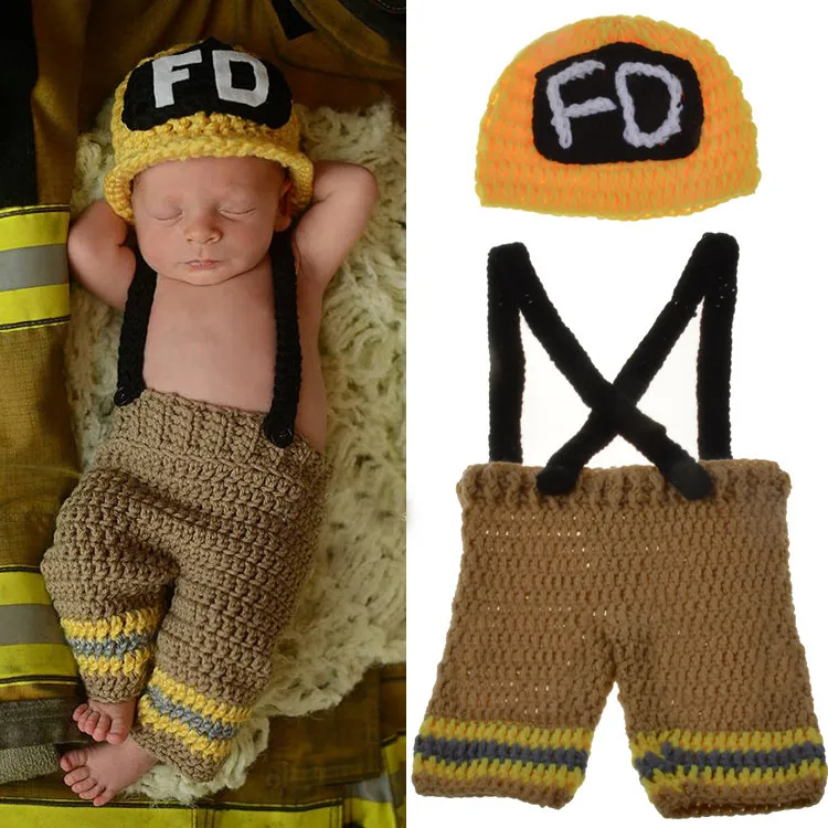 Handmade Crochet Baby Fireman Outfit Newborn Photo Props Knitted Baby Costume Christmas Outfit Baby shower Gift