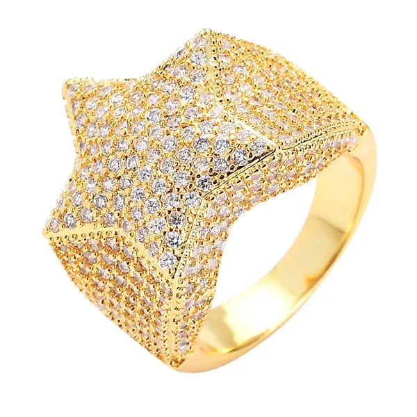 Hommes Hip Hop Star Anneaux 18k Plaqué Or Réel Bling Cubic Zircon Diamant Bague Bijoux Cadeau