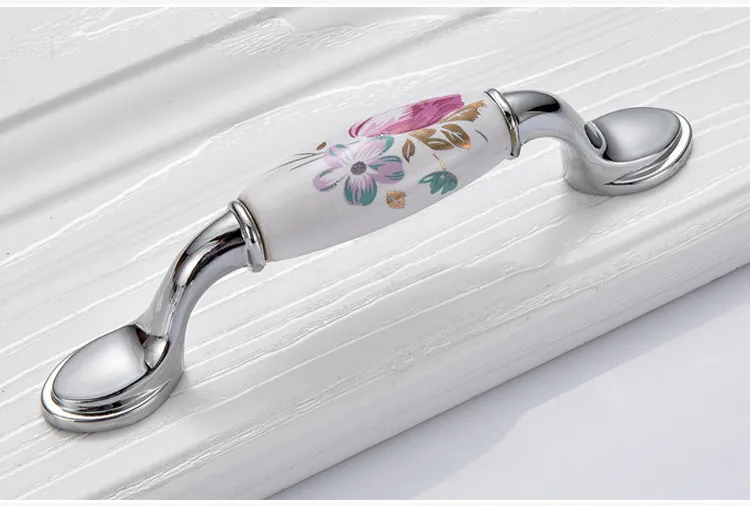 Vintage Flower Tulip Ceramic Howdens Kitchen Door Handles Set Of 2 Silver Pulls For Kitchen