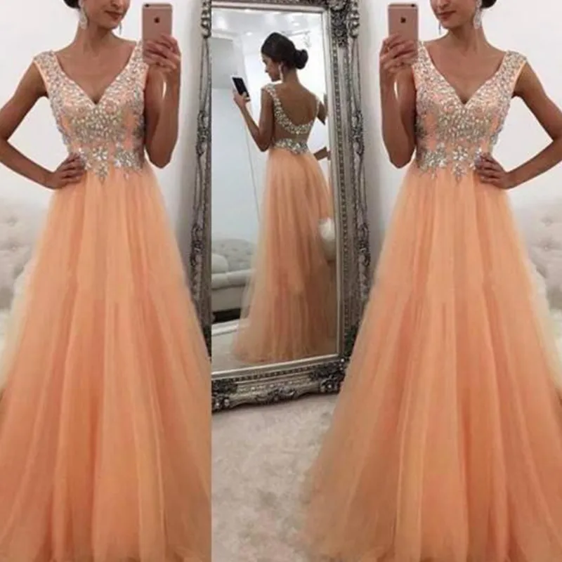 Peach Pink Glitter Evening Dress with Corset Bodice Y6173 – Simplepromdress