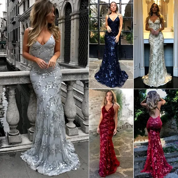 Sequins Mermaid Gelinlik Modelleri V Boyun Tül Uzun Abiye giyim Gerçek Resim Örgün Parti Balo Backless Elbiseler