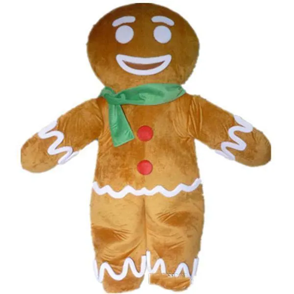 2018 Fábrica Hot Custom Made Brown Gingerbread Man Mascot Costume com um lenço verde para adultos usarem