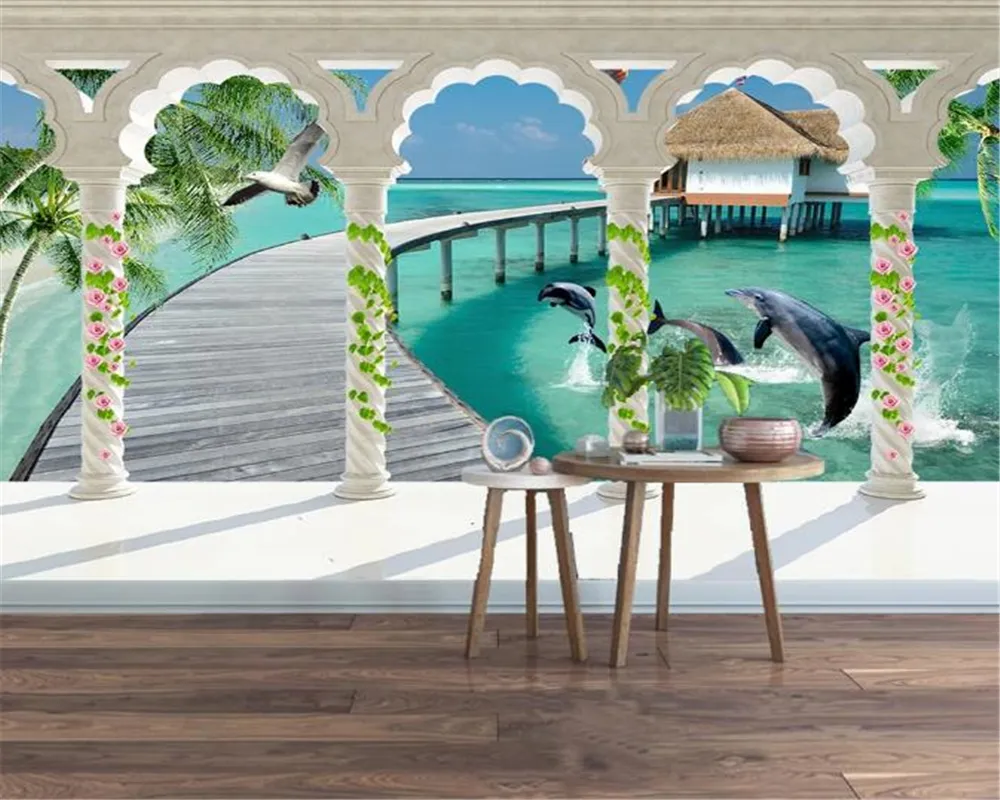 Anpassad någon storlek 3d bakgrundsbilder balkong havsutsikt dolphin 3d kust strandpromenad landskap bakgrund vägg inredning tapeter