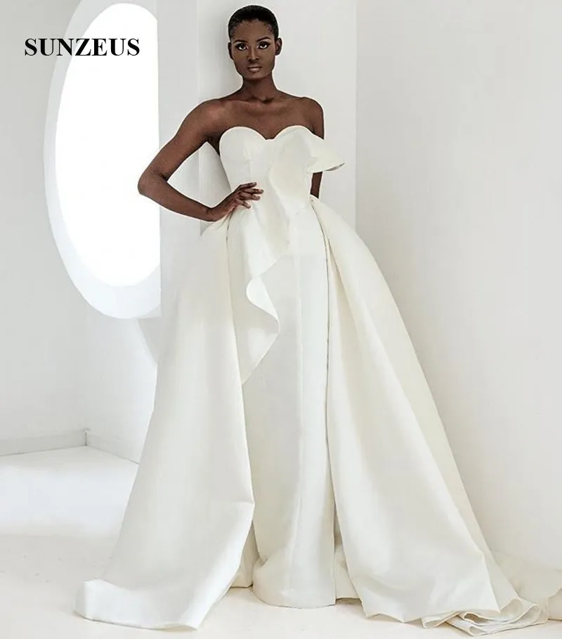 Kılıf Uzun Fildişi Gelinlik ile Ayrılabilir Etek Basit Zarif Saten Gelinlik Sweetheart Afrika Evlilik Elbise İçin Kadınlar