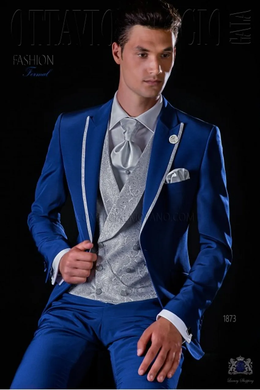 Fashion Royal Blue Groom Tuxedos Peak Lapel Groomsmen Mens Wedding Dress Popular Man Jacket Blazer 3 Piece Suit(Jacket+Pants+Vest+Tie) 1611