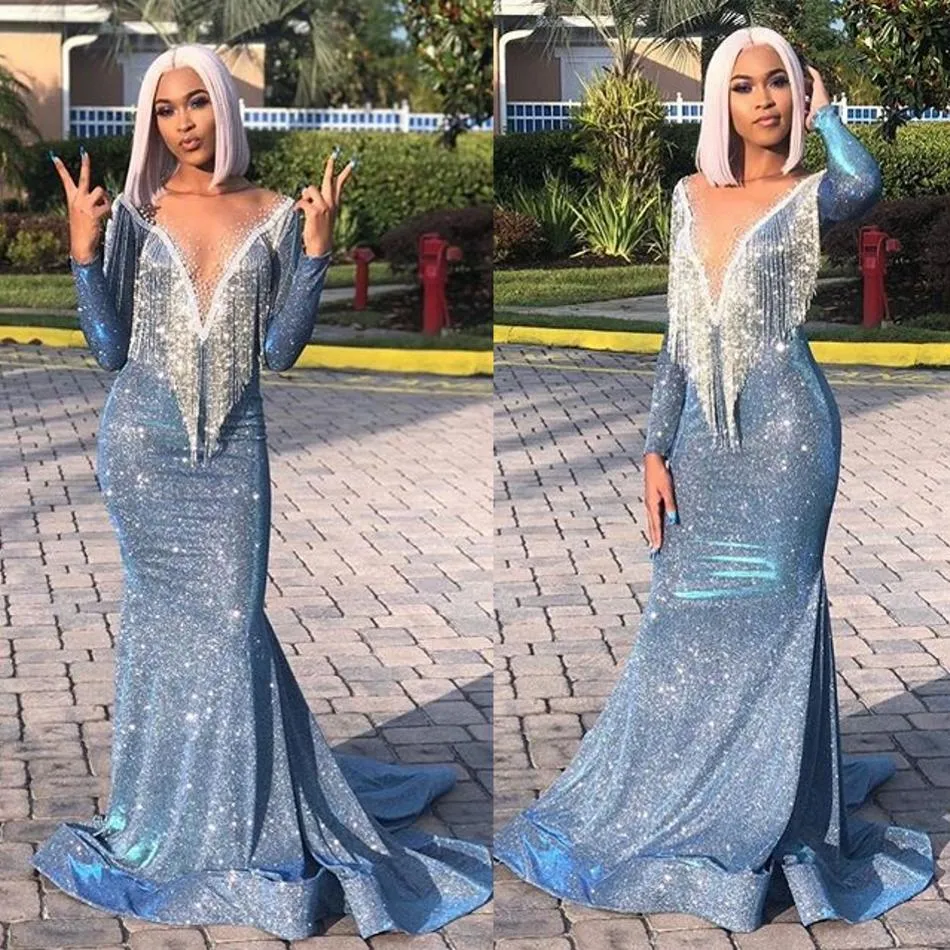 Ice Arabic Blue Sequined Mermaid aftonklänningar pärlor långärmad illusion hals prom klänning sexig billig formell festtävlingsklänningar