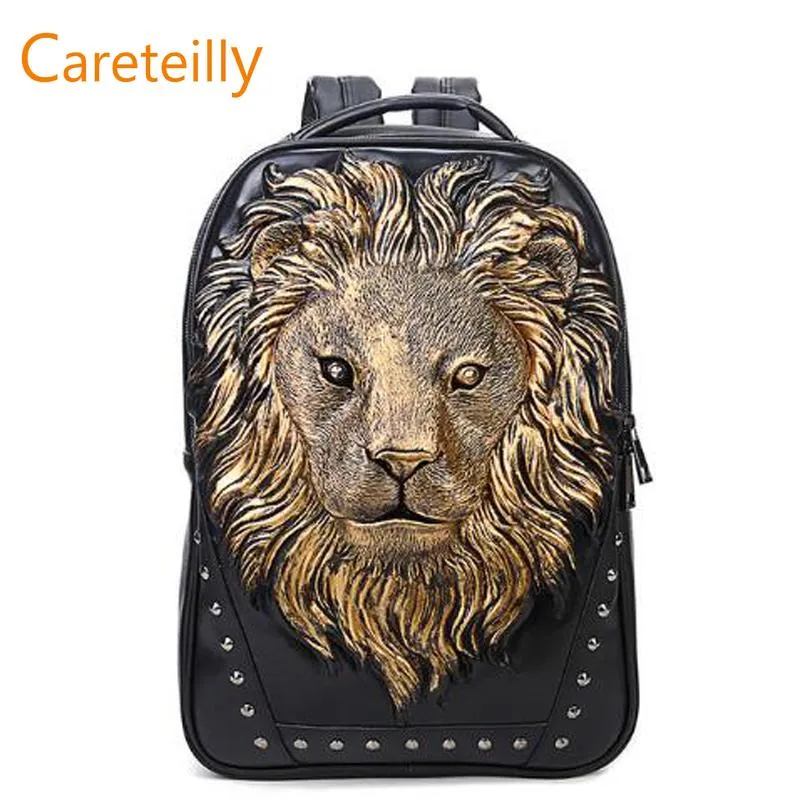 PU Deri Sırt Çantası Aslan Baskılı Desen Sırt Çantaları Moda Laptop Sırt Çantaları Omuz Çantaları Schoolbgs 46x31x12 cm 2022