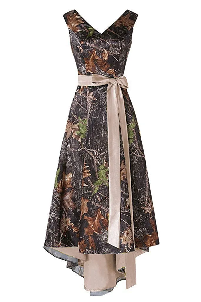 2019 hoge lage v-hals camo prom jurken met een lijn mouwloze formele jurken plus size avond bruidsmeisje slijtage feestjurk qc1341