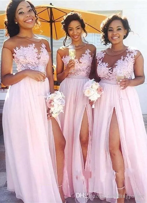 Beautiful Lace Cheap Chiffon Bridesmaid Slit Dress Maid Of Honor Gowns Nigerian Women Wedding Guest Evening Dresses Es