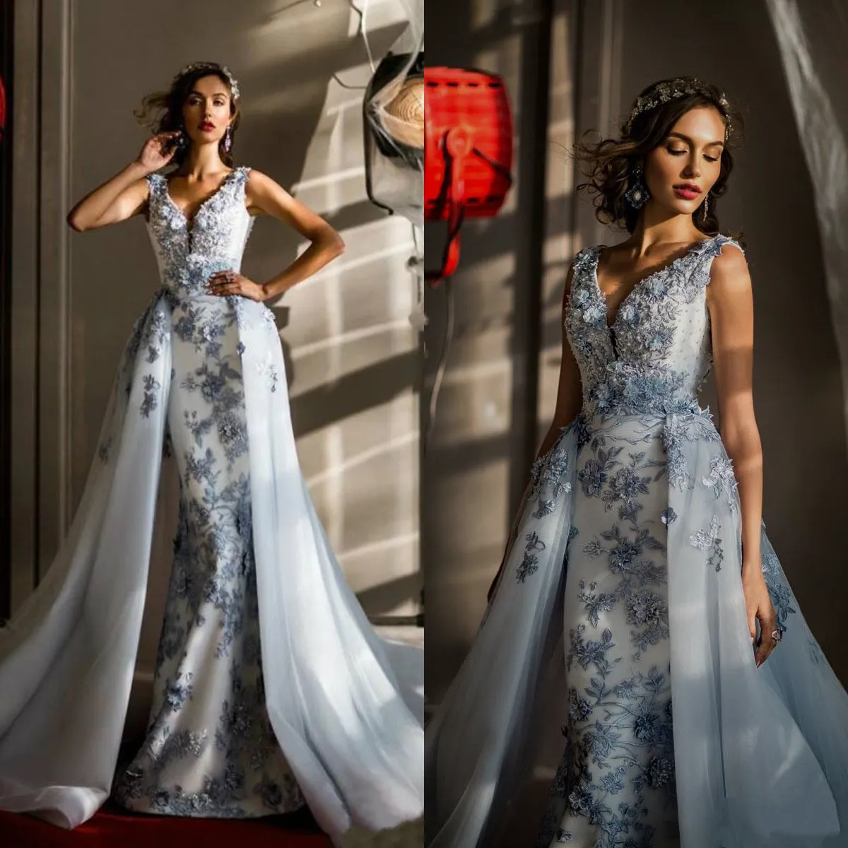 Elie Saab 2020 Mermaid Prom Evening Dresses Detachable Skirt Plunging Neck Lace 3D Appliqued Prom Gowns Plus Size Blue Formal Dress