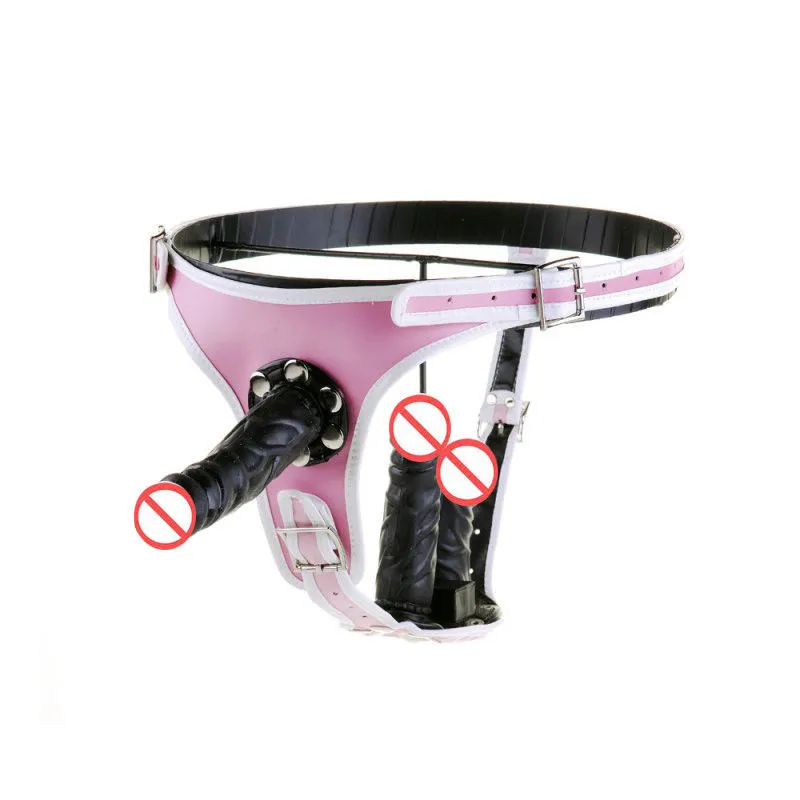 Dispositivi di castità Cinturino da donna in pelle PU Ultra Harness Strap-on con 3 mutandine rimovibili # R45