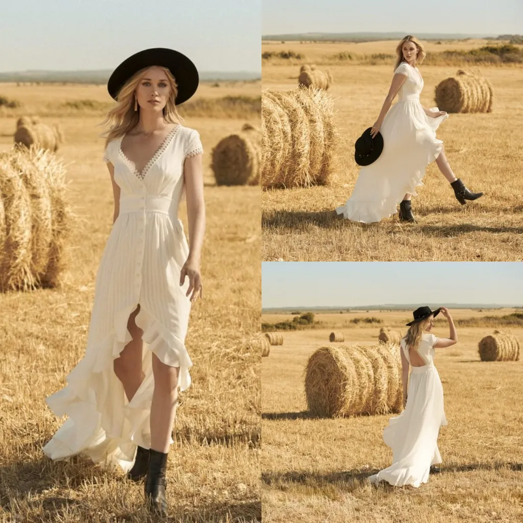 Modest Rembo Styling Bohemian V-Neck Short Sleeve High-Low Wedding