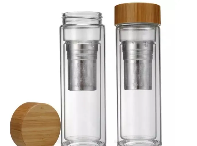 Atacado 450ml tampa de bambu dupla tumbler de vidro de vidro inclui filtro infusor cesta de garrafa de água 10 pcs