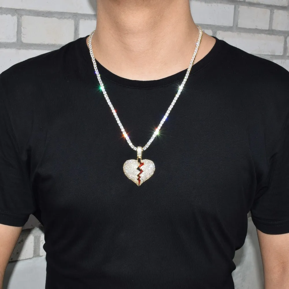 Trendy Red Broken Heart Pendant Hip Hop Statement Necklace with Full Rhinestones Gold Silver Chain for Men Women 2 Colors 1 Pc