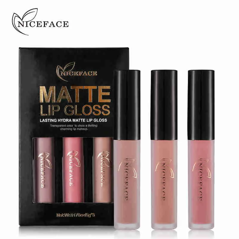 NICEFACE 3шт Водонепроницаемый Matte Liquid Lipstick макияжа Набор Продолжительный поцелуй доказательство Lip Gloss Создать Nude Beauty Бархатный Sexy Lips