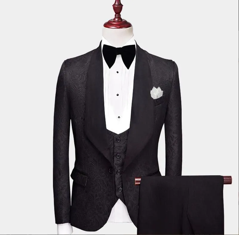 2020 Floral All Black Tuxedo With Shawl Lapel Beach Mens Suits Groomsmen Wedding Tuxedos For Men Formal Prom Suit (Jacket+Pants+Vest)