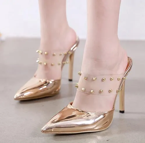 New Gold Patchwork Transparent PVC Strap Rivet Pointed Toe Stiletto Heels Mules Luxury Designer Shoes Size 35 To 40