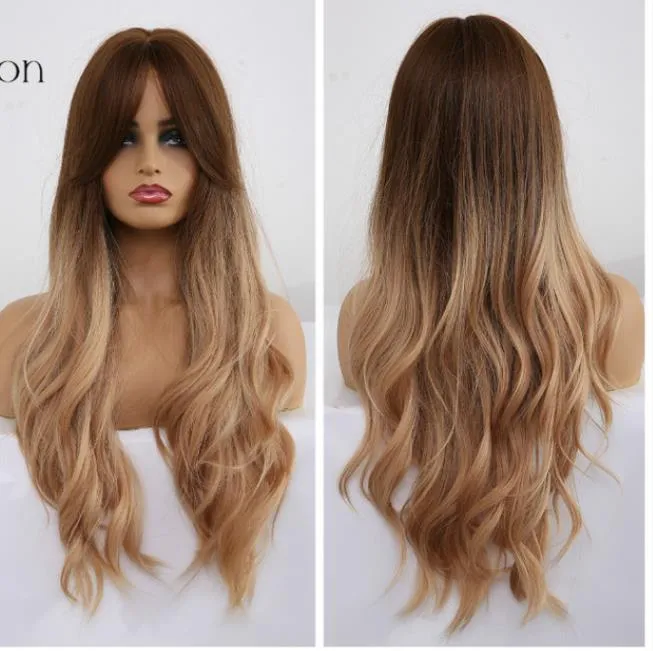 Ombre Wellenartige Perücken Black Brown Blonde Mittelsteil Cosplay Synthetische Perücken mit Pony Für Frauen Lange Haare Perücken Gefälschte Haare