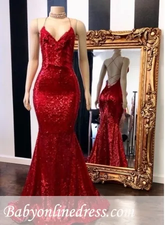 Bling Bling Lantejoulas Barato Vermelho Sereia Vestidos de Baile Halter Pescoço Sem Encosto Formal Prom Vestidos de Festa Ocasião Especial Vestido vestidos de fies