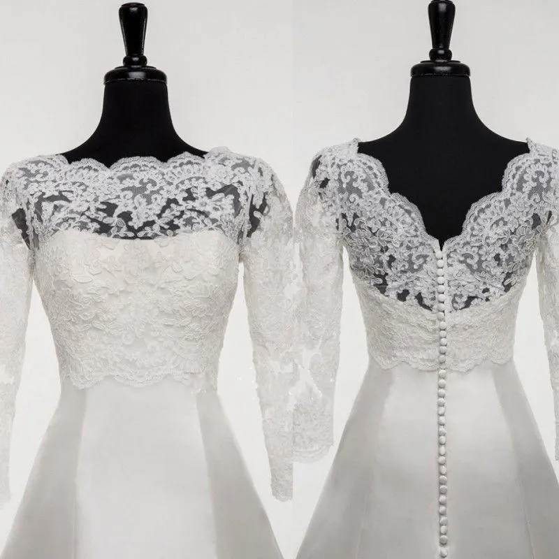 Vestes de mariage avec Appliques blanches ivoire, enveloppes en dentelle, Boleros de mariée, boutons à dos en V, manches 3/4, sur mesure, nouvelle collection