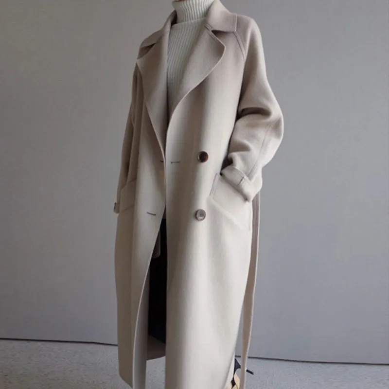 Winter Coat Women Wide Lapel Belt Pocket Wool Blend Coat Oversize Long Trench Outwear Wool Women