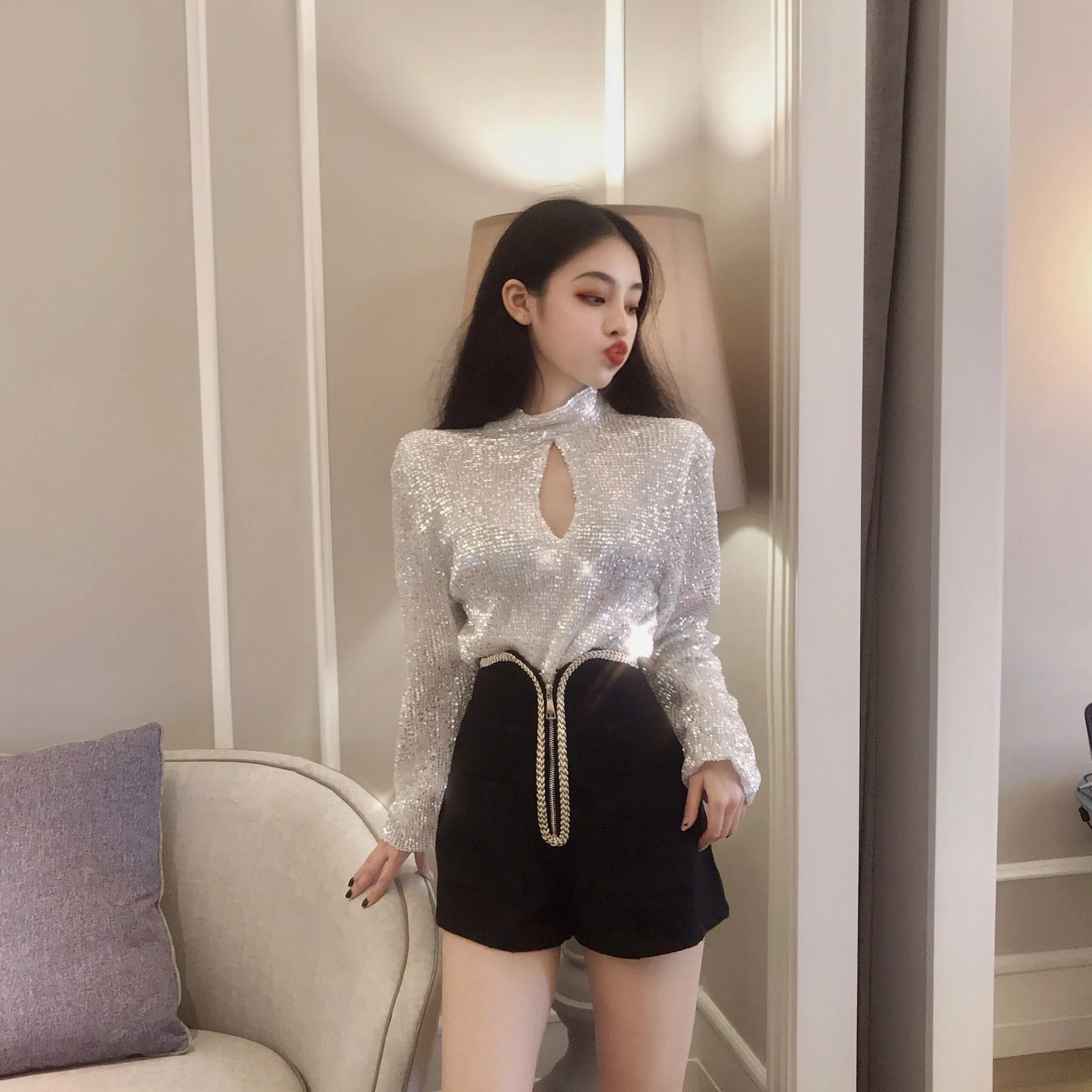 Autumn New fashion Women's stand collar paillette shinny bling cutout sexy long sleeve loose shirt tops club party top