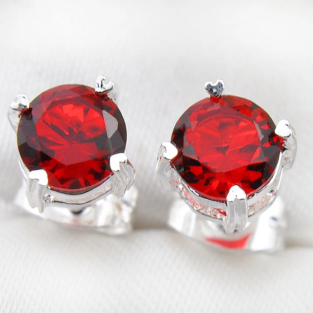 12 Pairs 5mm Luckyshine Superb Round Shiny Red Quartz Gems Silver Zircon Earrings Wedding Gift For Women Stud Earrings Jewelry