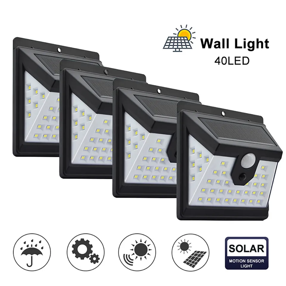 40 LED Solar Power Light 3 Modes Human Body Sensor 4pcs Solar Wall Lamp Outdoor Waterproof Energy Saving Garden Yard Lights