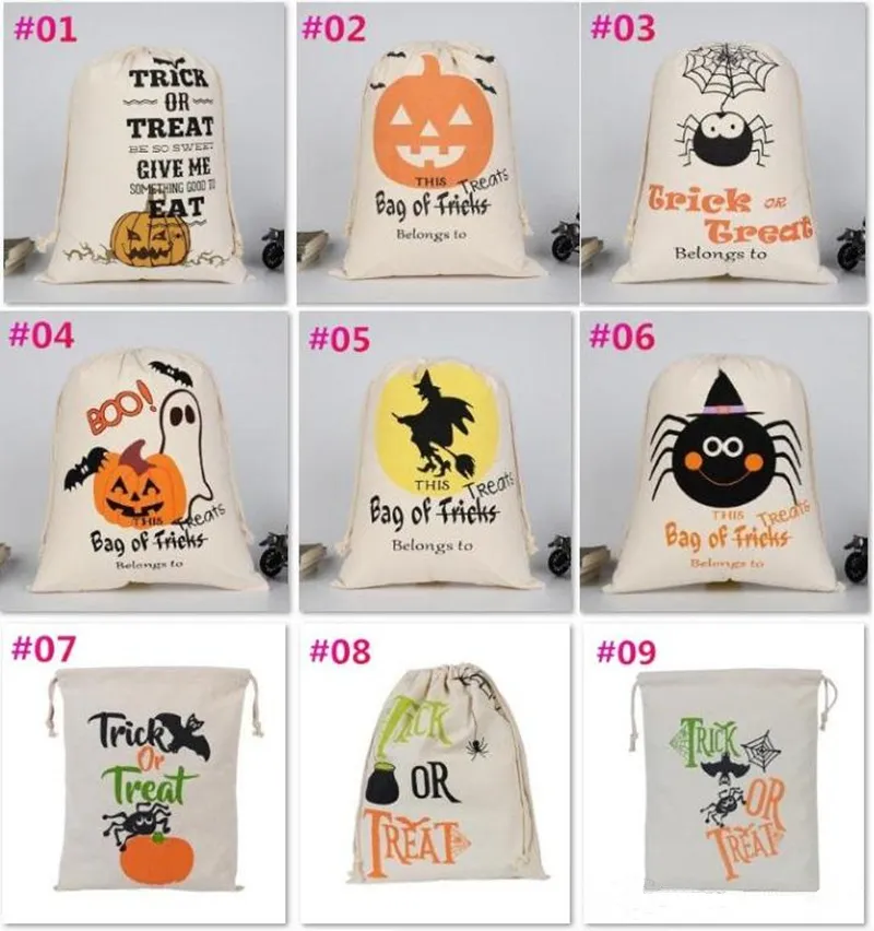 Hot Sale Halloween Presentväskor Stor bomullsduk Handväskor Pumpa, Devil, Spider Tryckt Halloween Candy C075