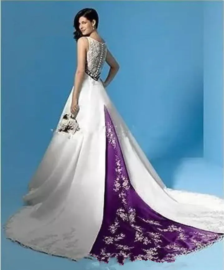 fitted lace wedding dress Dreamyannie UK White Wedding Dress A Line V Neck Sleeveless Cathedral Train  Satin Bridal Gown With Appliques main image 0