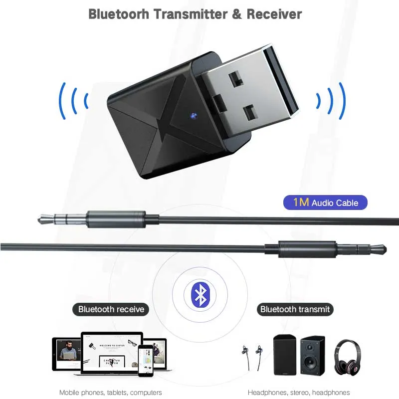 Bluetooth 5.0 Trasmettitore Ricevitore Mini 3.5mm AUX Adattatore Bluetooth senza fili stereo per auto Musica Trasmettitore Bluetooth per strumenti TV HHA106