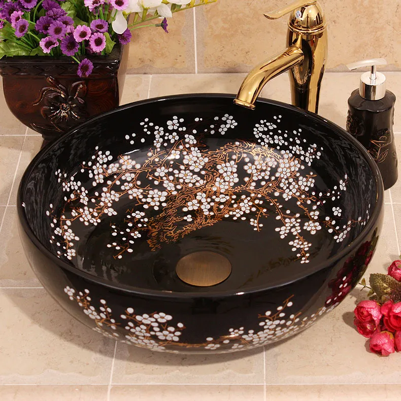 Colorful Ceramic Painting Black plum blossom China Painting wash basin Bathroom vessel sinks washbasin ceramic