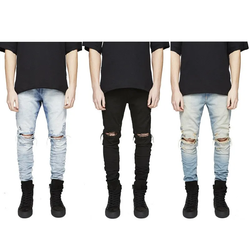 Fashion-Slim Fit Ripped Jeans Hommes Hi-Street Hommes Distressed Denim Joggers Genou Trous Washed Destroyed Jeans Plus S177E