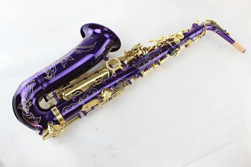 Unik lila yta hög kvalitet obranded alto saxofon mässing saxofon guldlack tangent alto eb tune sax musikinstrument med fall