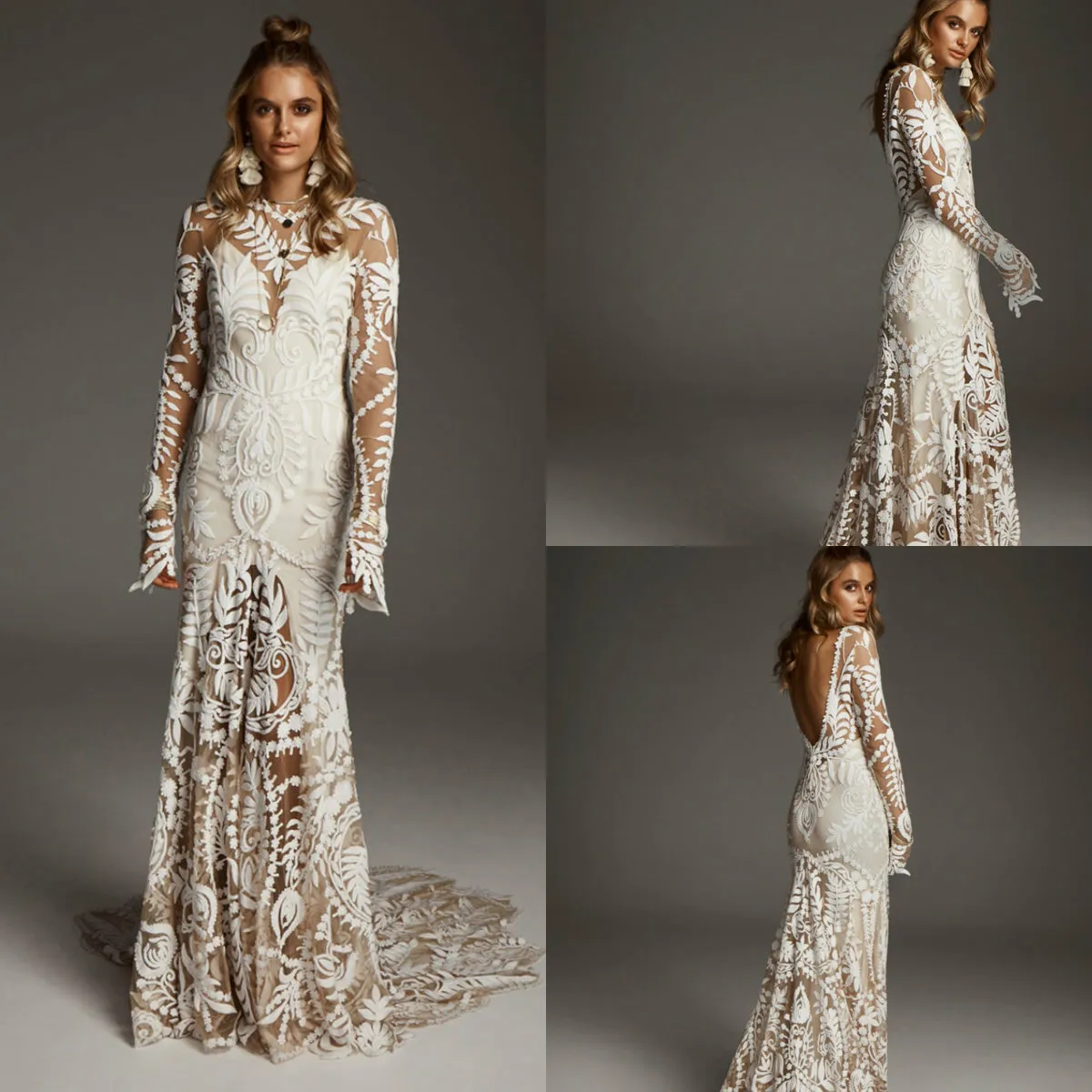 2020 Koronki Suknie Ślubne Suknie ślubne Klejnot Neck Appliqued Długie Rękawy Backless Country Wedding Dress Sweep Rates de Mariée