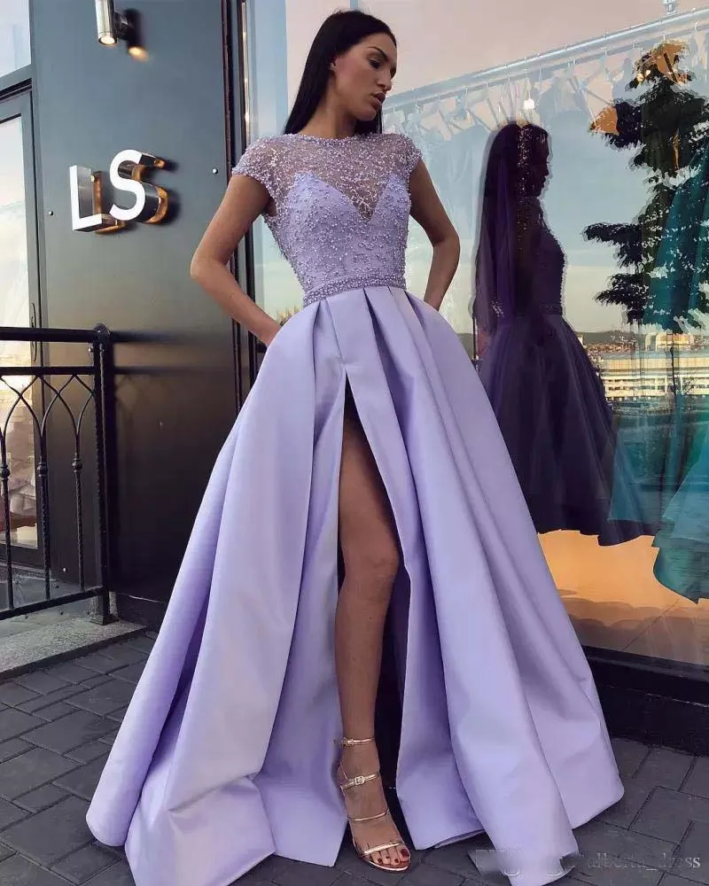 Sexy Lavender Side Split Long Prom Dresses with Cap Sleeves Vestidos De Fiesta Floor Length Satin Formal Evening Party Dress207Q