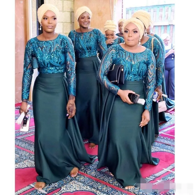 African Peacock Hunter Green Bridesmaid Dresses Sequins Long Sleeves Scoop Neck Satin Mermaid Sheer Illusion Maid of Honor Gown Plus Size