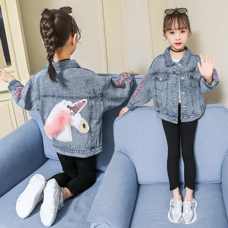 Mode Flickor Denim Jacka Barn Långärmad Unicorn Sequined Letter Coat Barn Cowboy Outwear