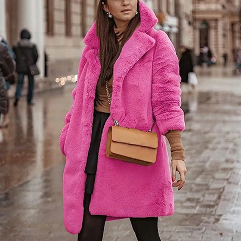 Simple Elegant Rose Red Women Faux Fur Coat Streetwear Autumn Winter Warm Plush Coat Female Plus Size Overcoat Party Wholesale