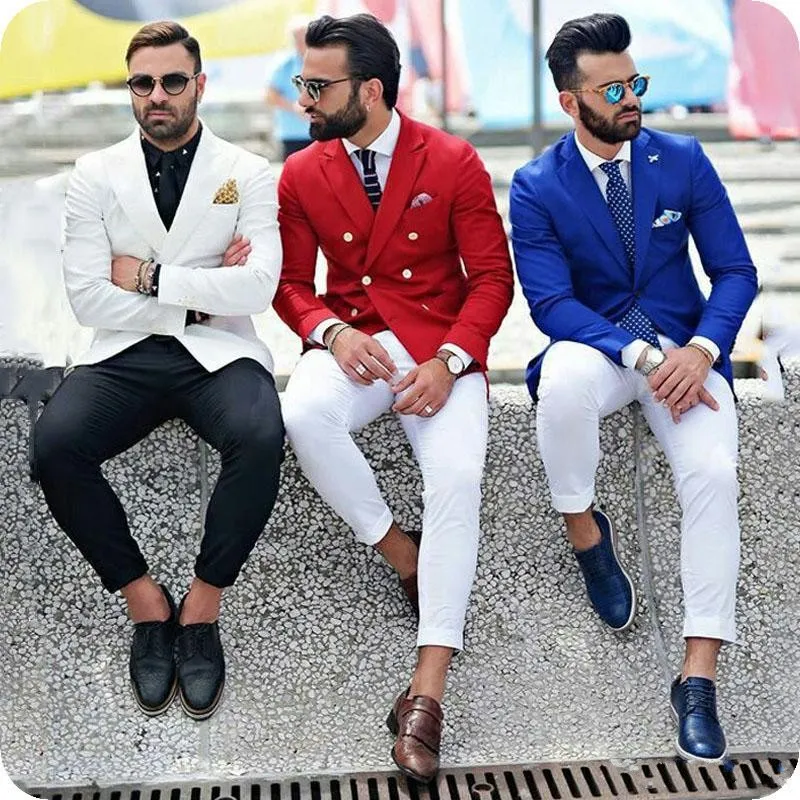 Beyaz / Kırmızı / Kraliyet Mavi Damat Smokin Kruvaze Groomsmen Düğün Smokin Erkekler Örgün Akşam Yemeği Parti Balo Blazer Takım (Ceket + Pantolon + Kravat) 1062