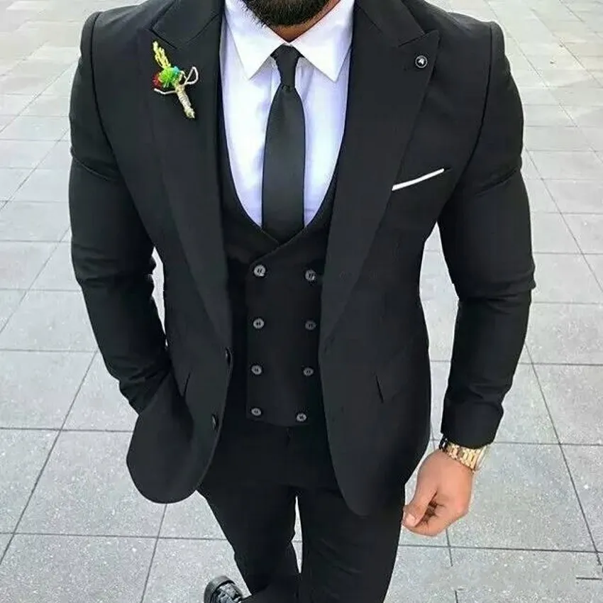 Czarny Groom Tuxedos Peak Lapel Groomsman Wedding 3 Piece Suit Moda Mężczyźni Business Party Jacket Blazer (Kurtka + spodnie + krawat + kamizelka) 2602