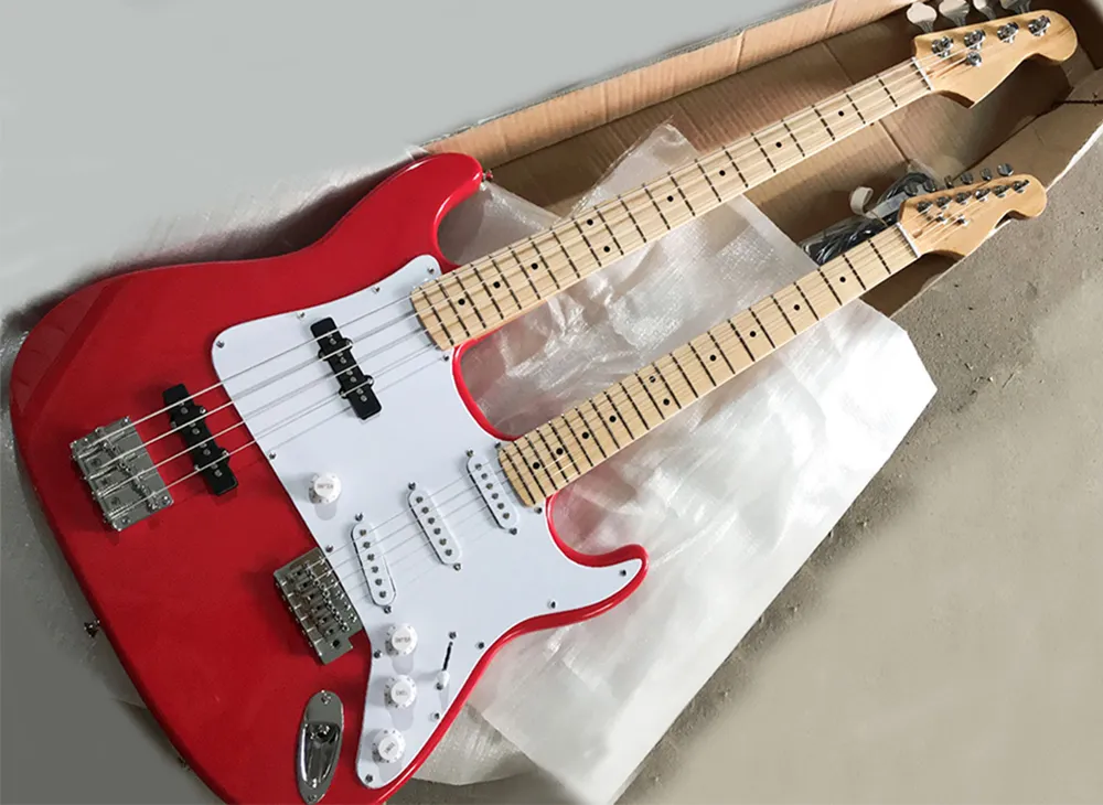 Free shipping red 4+6 strings double neck electric guitar with maple fretboard,white pickguard,can be customized