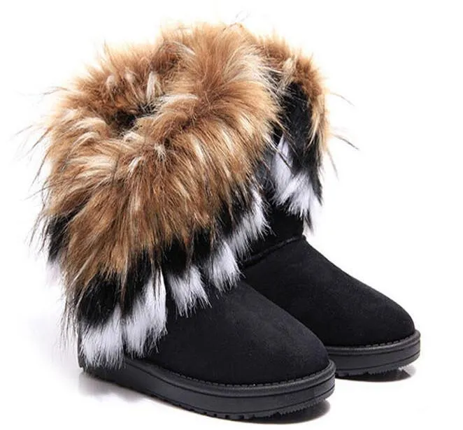 Bottes 2019 femmes Bottes automne et hiver bottes de neige Plumes fourrure de renard à fond plat chaussures courtes rembourrées en coton bottes d'hiver cadeau de Noël