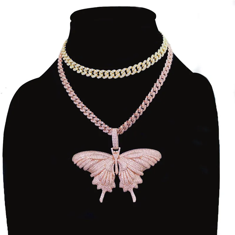 Moda uomo grande collana a farfalla gioielli placcato oro rosa praved collana con pendente a farfalla CZ con catena cubana CZ regalo caldo