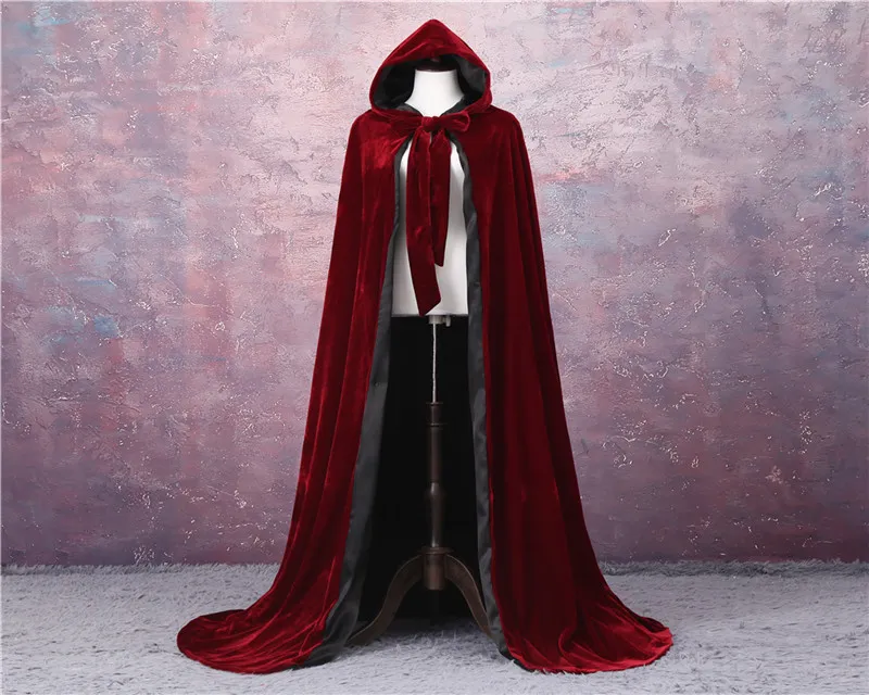 Vino rosso nero velluto con cappuccio con cappuccio mantello cape halloween wicca cappotto cappotto di natale velluto medievale velluto con cappuccio mantello wicca stregoneria