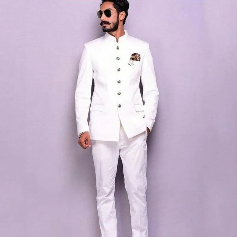 New Arrival White Groom Tuxedos Stand Collar Men Suits 2 pieces Wedding/Prom/Dinner Blazer (Jacket+Pants+Tie) W911