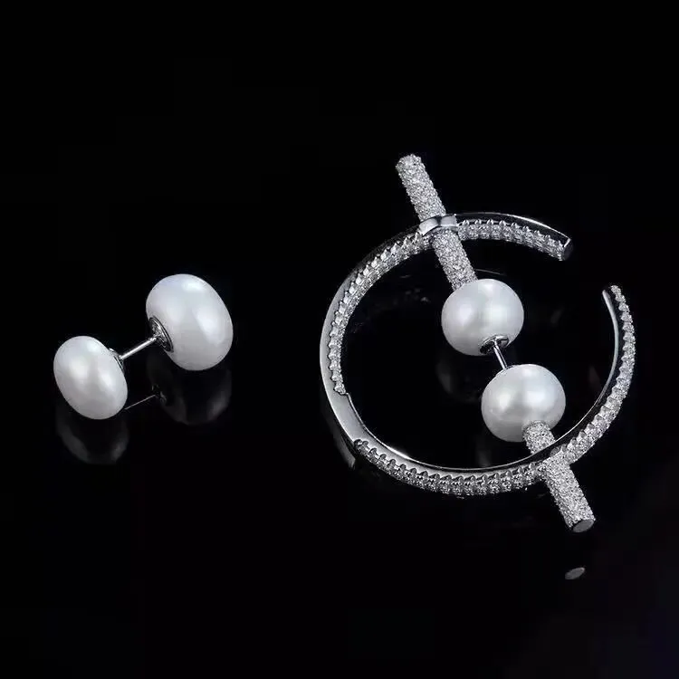 Cristallo di moda- Donne Sterling argento rodiato completa zircone pavimenta grande rotonda C orecchini a cerchio Big asimmetrica orecchino di perla naturale
